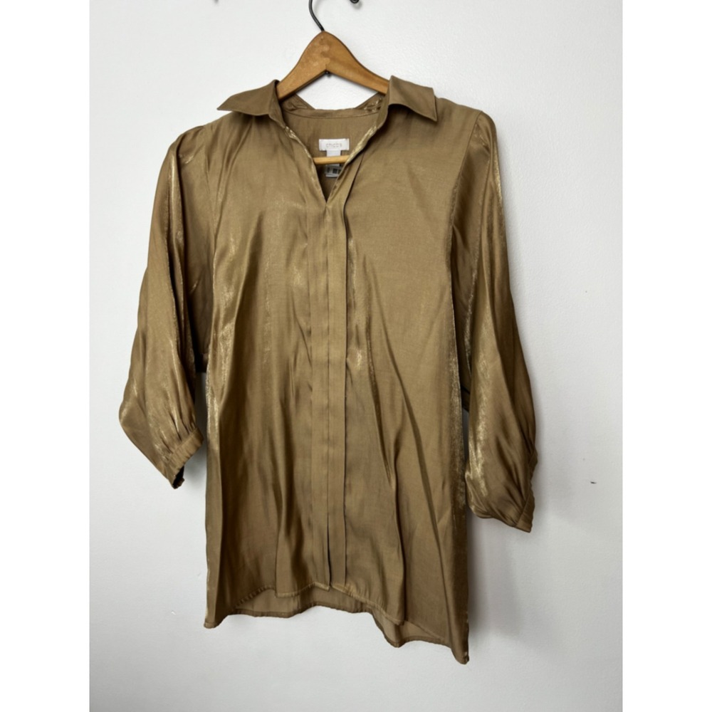 Chico's Gold Metallic Shimmer 3/4 Sleeve Tunic Blouse Shirt Size 0 Small